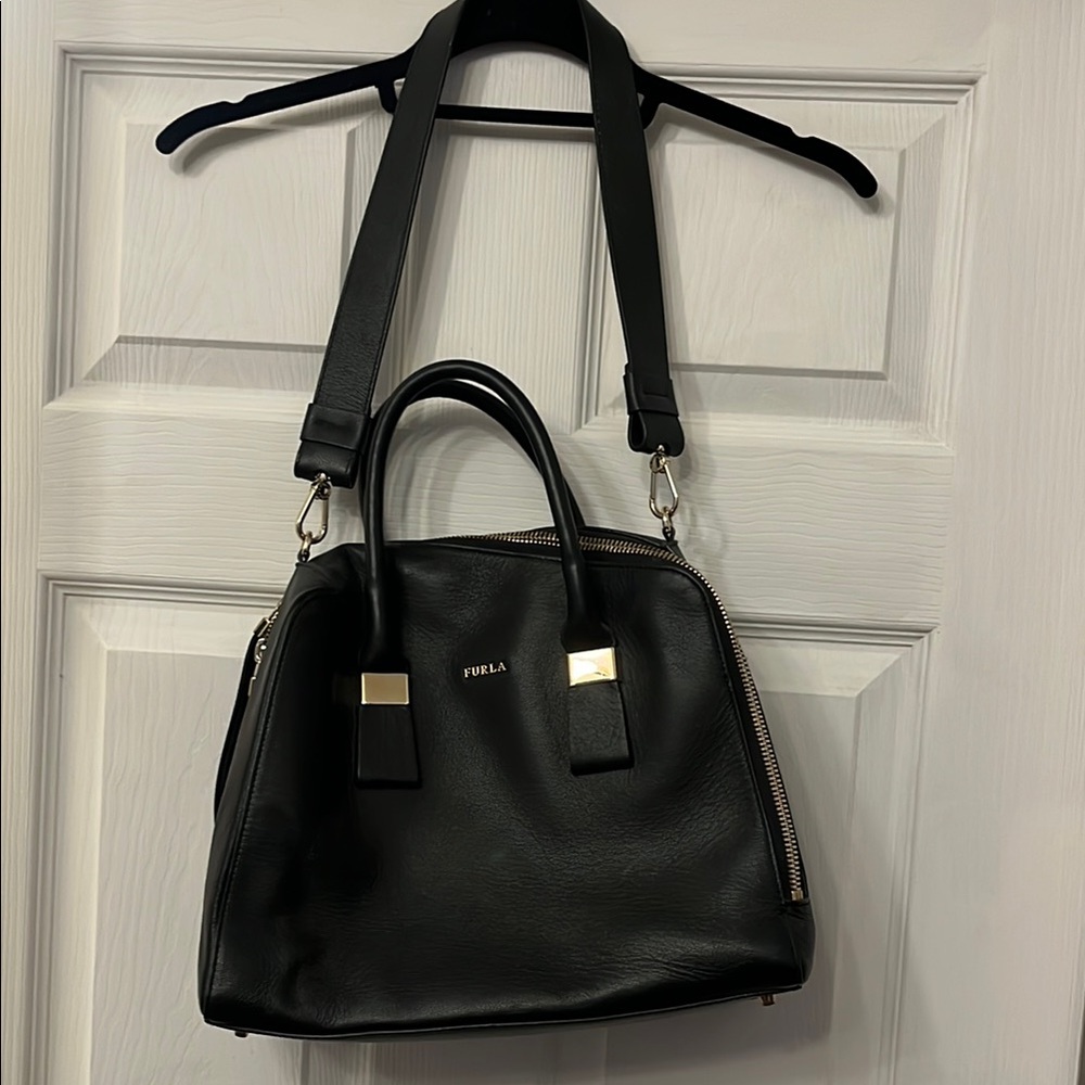 Furla Top Handle Black Satchel with Gold Accents